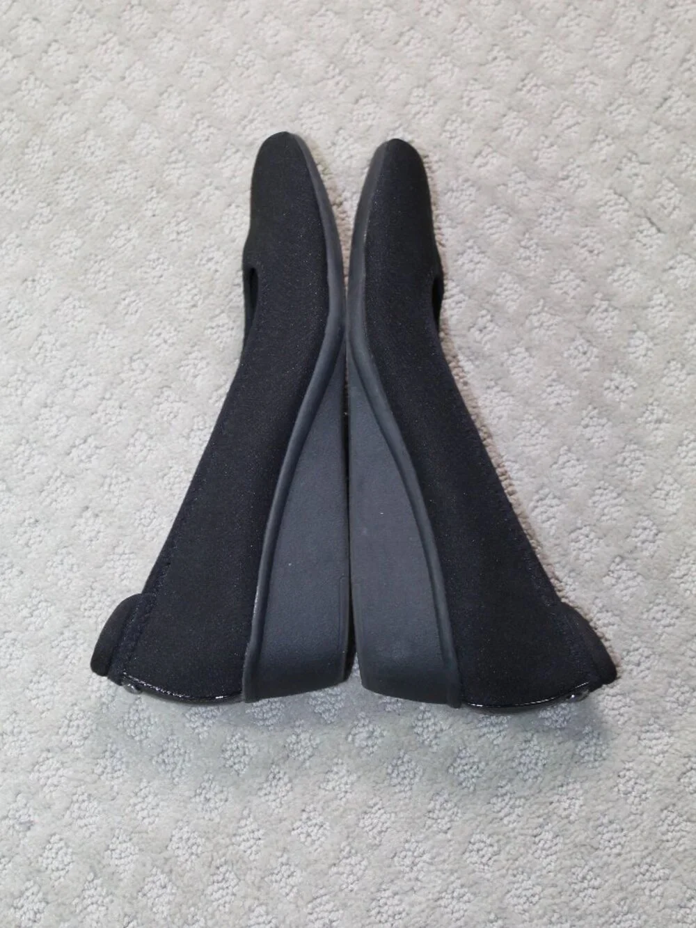 AK Sport Size 9.5 Black Stretch Fabric Square Toe Wedge Heels